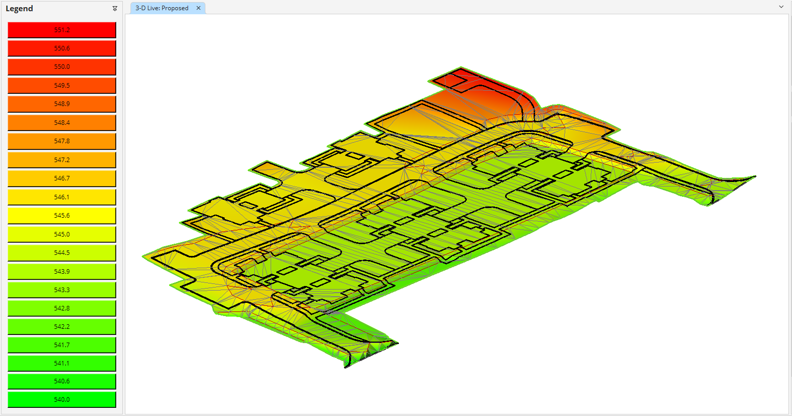 3D earthwork model showing cut and fill analysis for civil site grading.