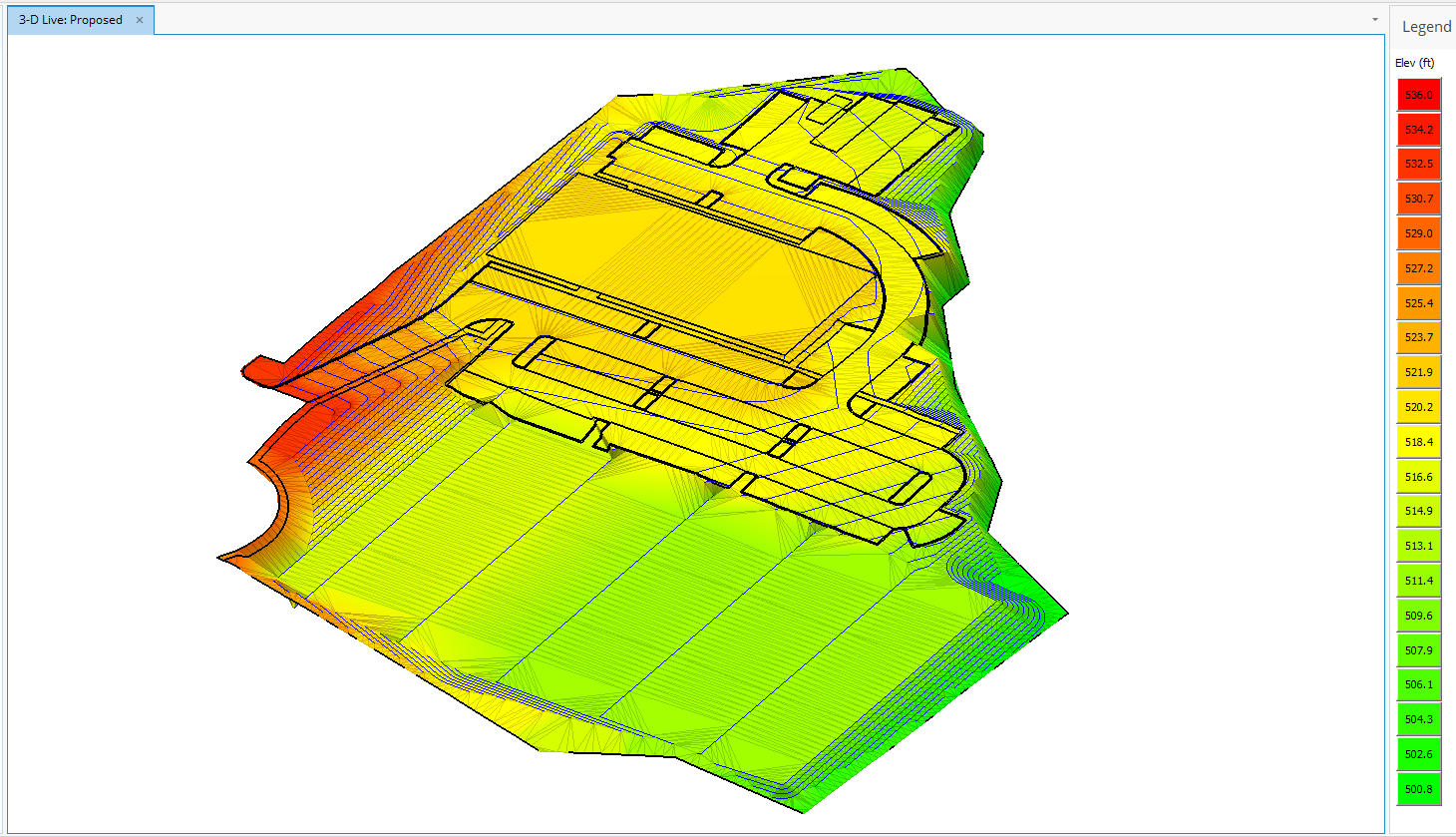 3D earthwork estimating view showing cut and fill volumes for site grade analysis.