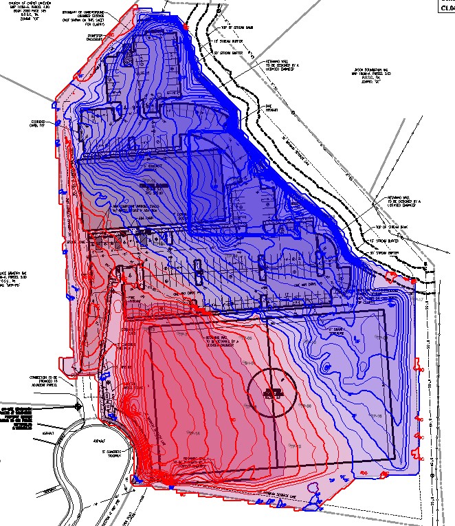 Civil site plan showing cut and fill zones for earthwork volume calculations and grading analysis