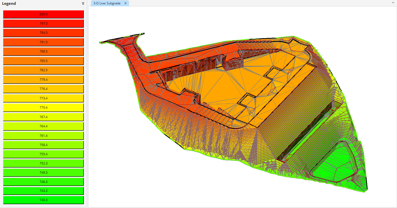 3D sitework estimating view showing cut and fill volumes across a full civil construction site
